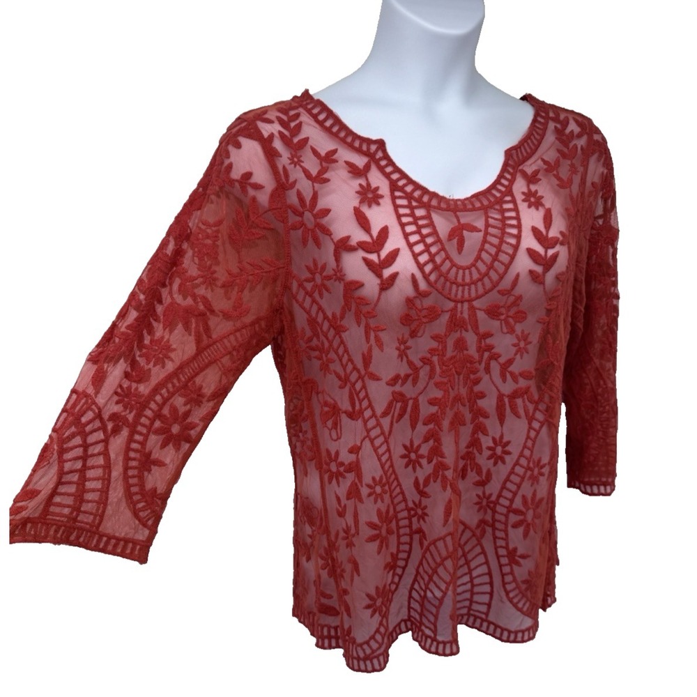 1X Sheer Lace 3/4 Sleeve Festival Boho Beach resort cover up orange vacation